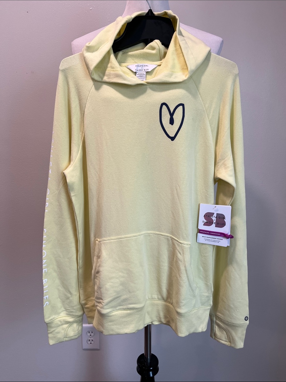 Athleta Girl Simone Biles Pale Yellow Heart Logo Hoodie Sweater Retail $55